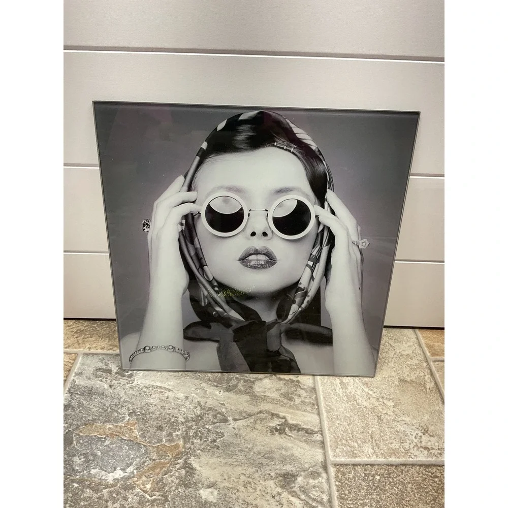 Tempered Glass Wall Art Black White Fashion Portrait Sunglasses 12x12 Modern